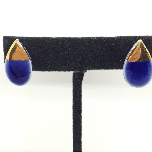 3/$30 PORCELAIN GOLD DIP BLUE GLAZE TEARDROP STUD EARRINGS STERLING SILVER PETAL - Picture 6 of 16